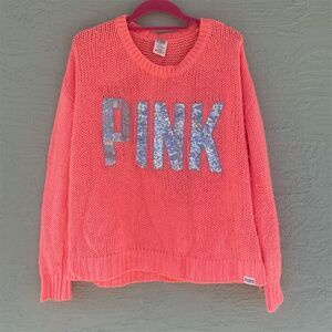 Victoria's Secret PINK Women's M Orange Sequin Logo Oversized Sweater